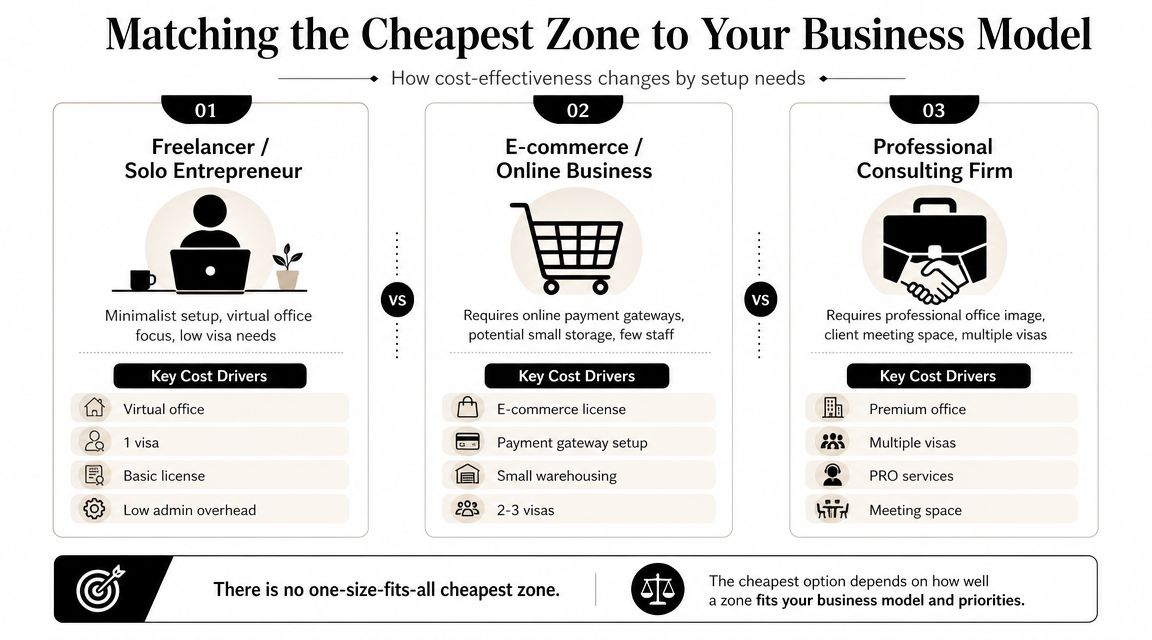 A comparison infographic showing how to select the most cost-effective business zone based on specific startup needs.