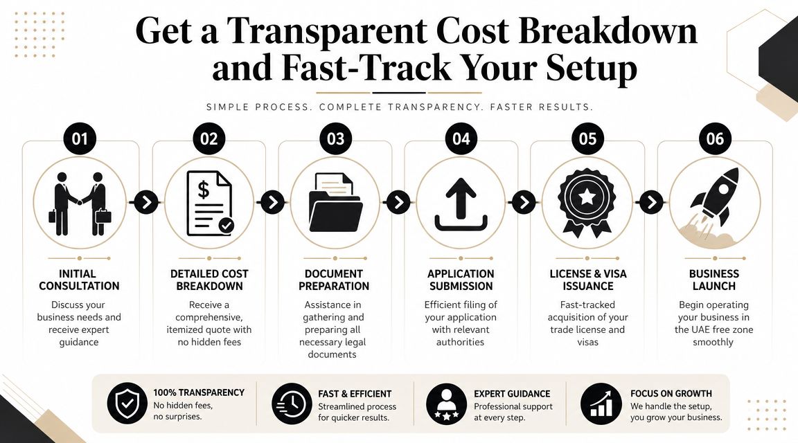 A six-step infographic detailing a transparent and fast business setup process in UAE free zones.
