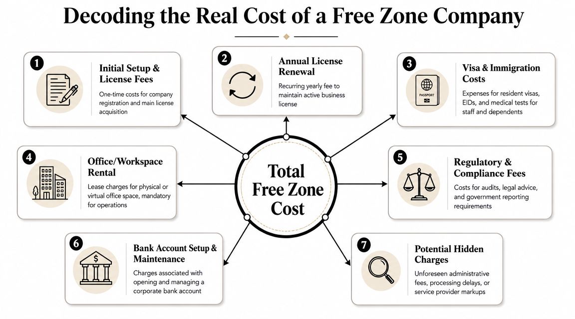 A diagram outlining the seven key financial components that determine the total cost of a UAE free zone company.