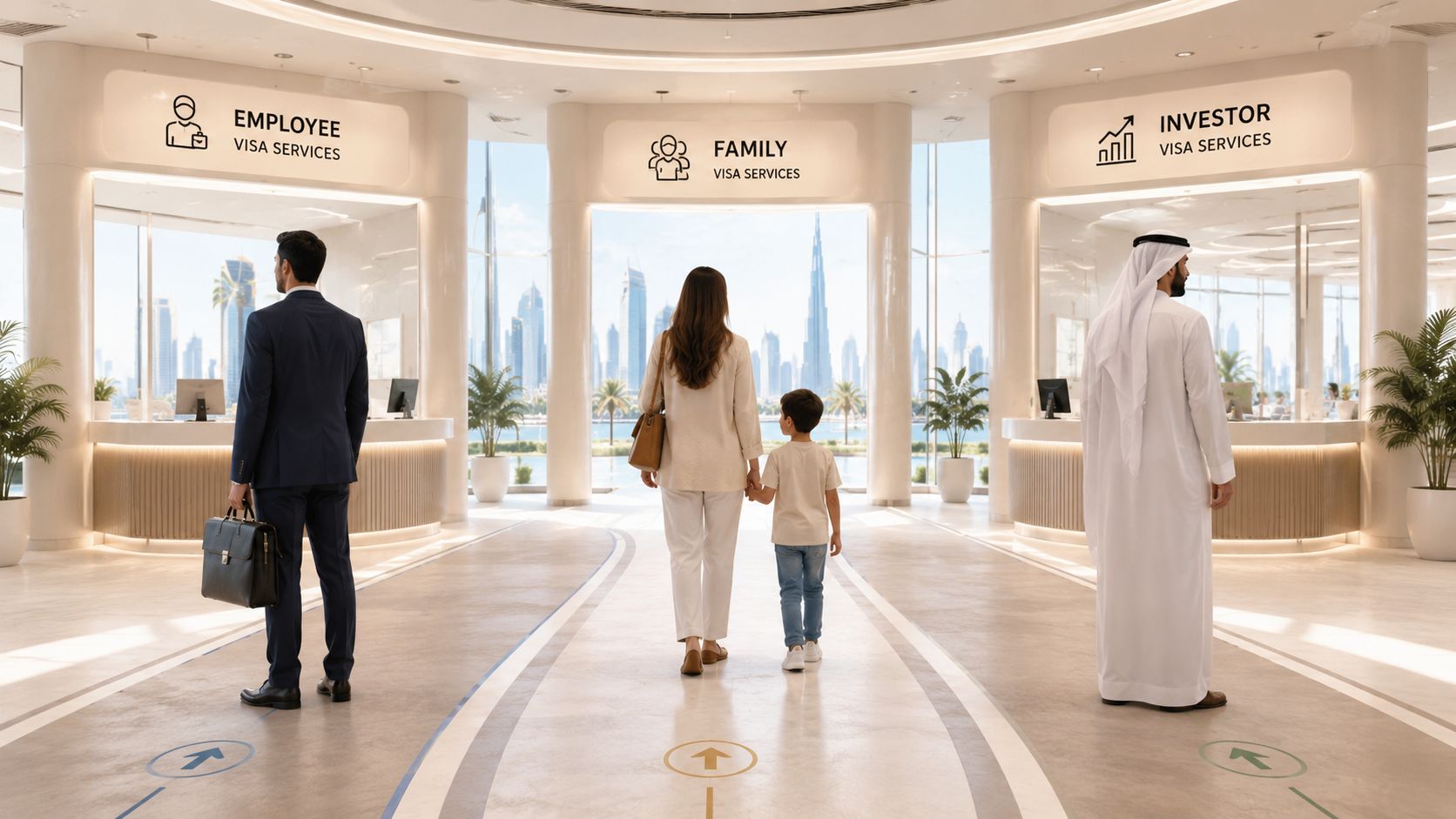 A modern, bright visa service center in Dubai with clients approaching service counters for family, employee, and investor visa processing.
