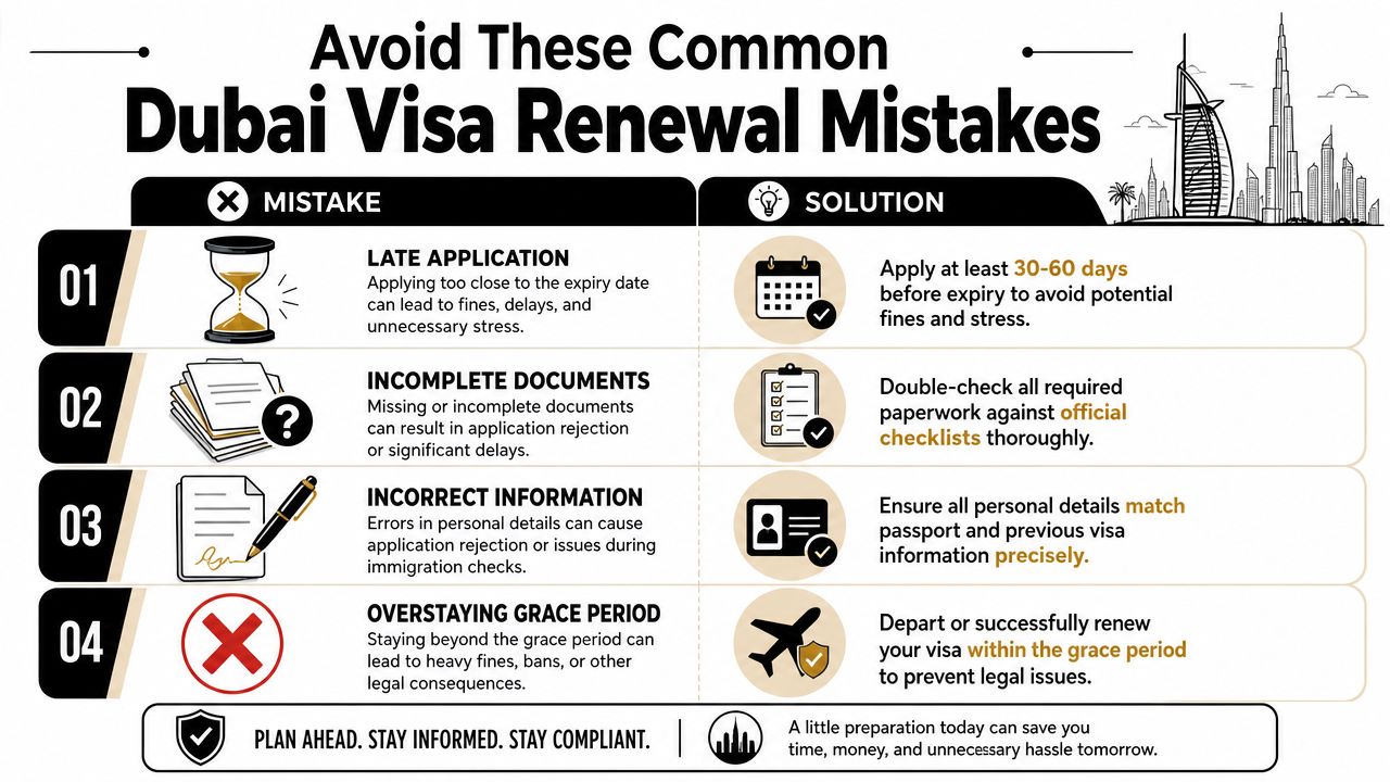 An infographic detailing four common mistakes to avoid during the Dubai visa renewal process for expats.