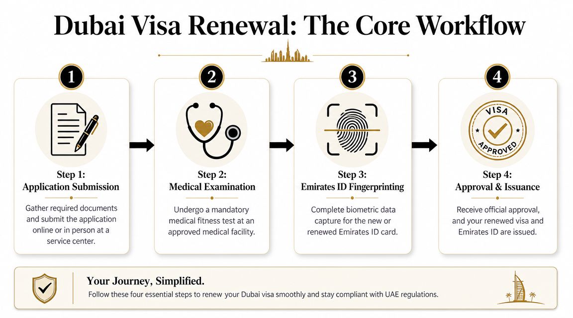 A flowchart showing the four essential steps for renewing a Dubai visa, including application, medical testing, and fingerprinting.