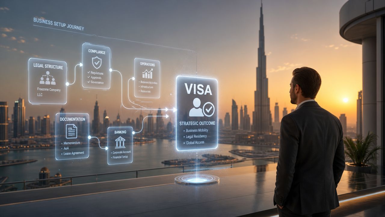 A professional man overlooking the Dubai skyline with a holographic business setup and visa interface.