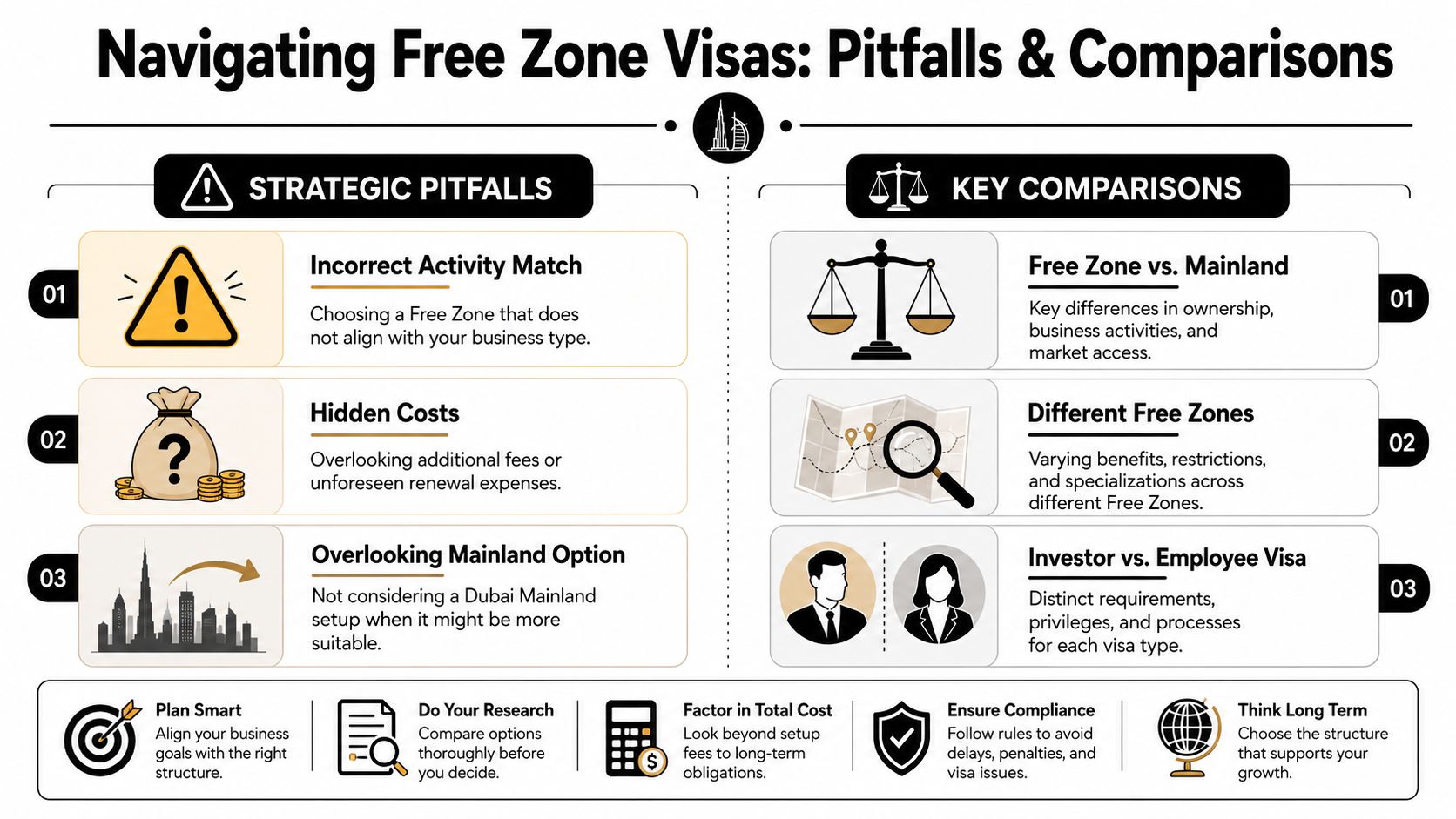 An infographic titled Navigating Free Zone Visas in Dubai, outlining strategic pitfalls and key business comparisons.