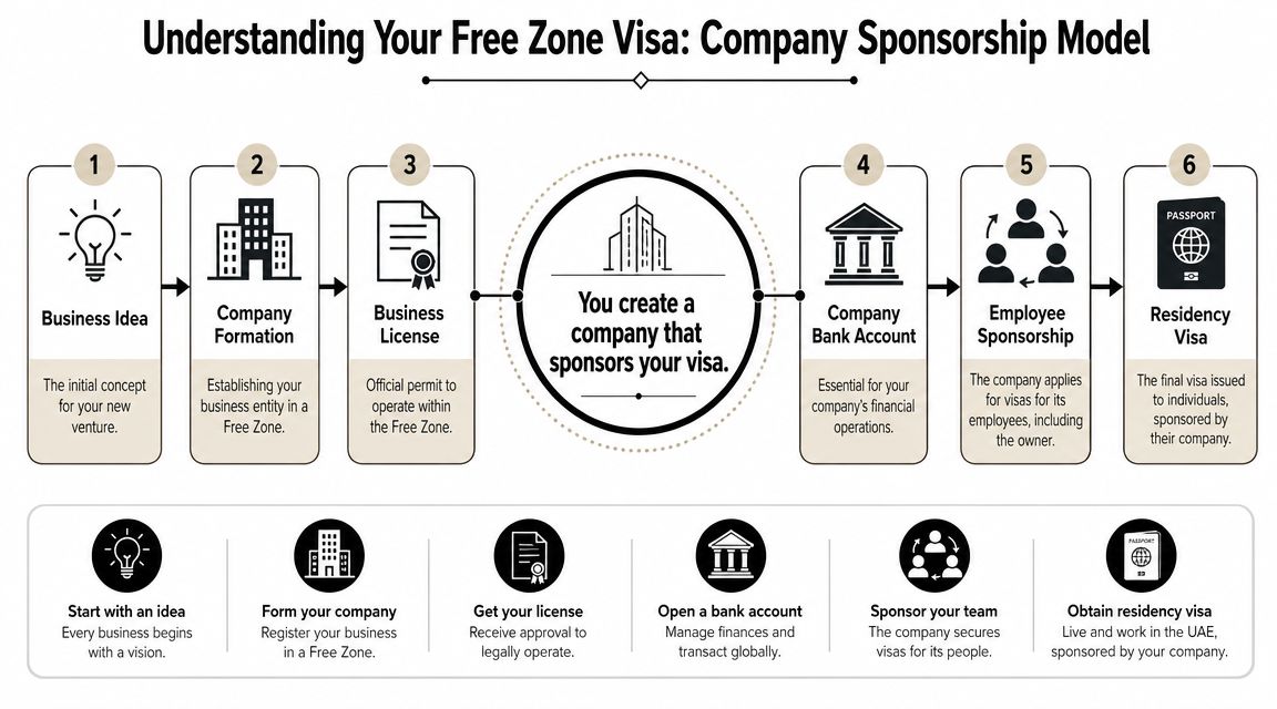 A six-step infographic illustrating the process of obtaining a free zone visa through company sponsorship.
